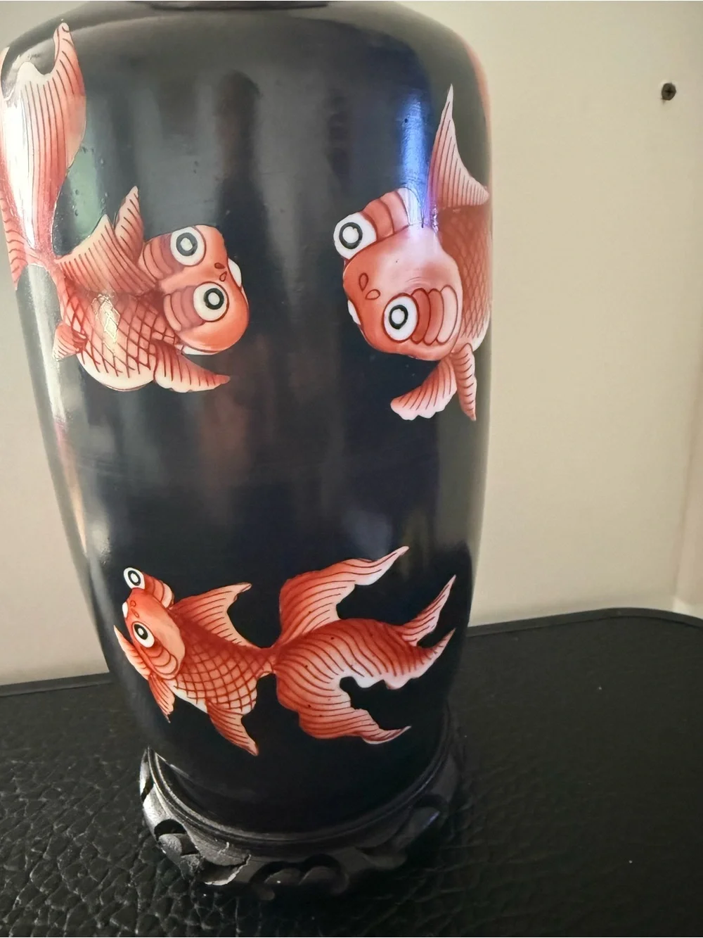 Black Ceramic Vase with Orange Goldfish Motif